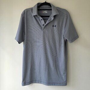 UNDER ARMOUR Men's Golf Polo | Small | Loose Fit Gray Navy Blue Stripe Heat Gear